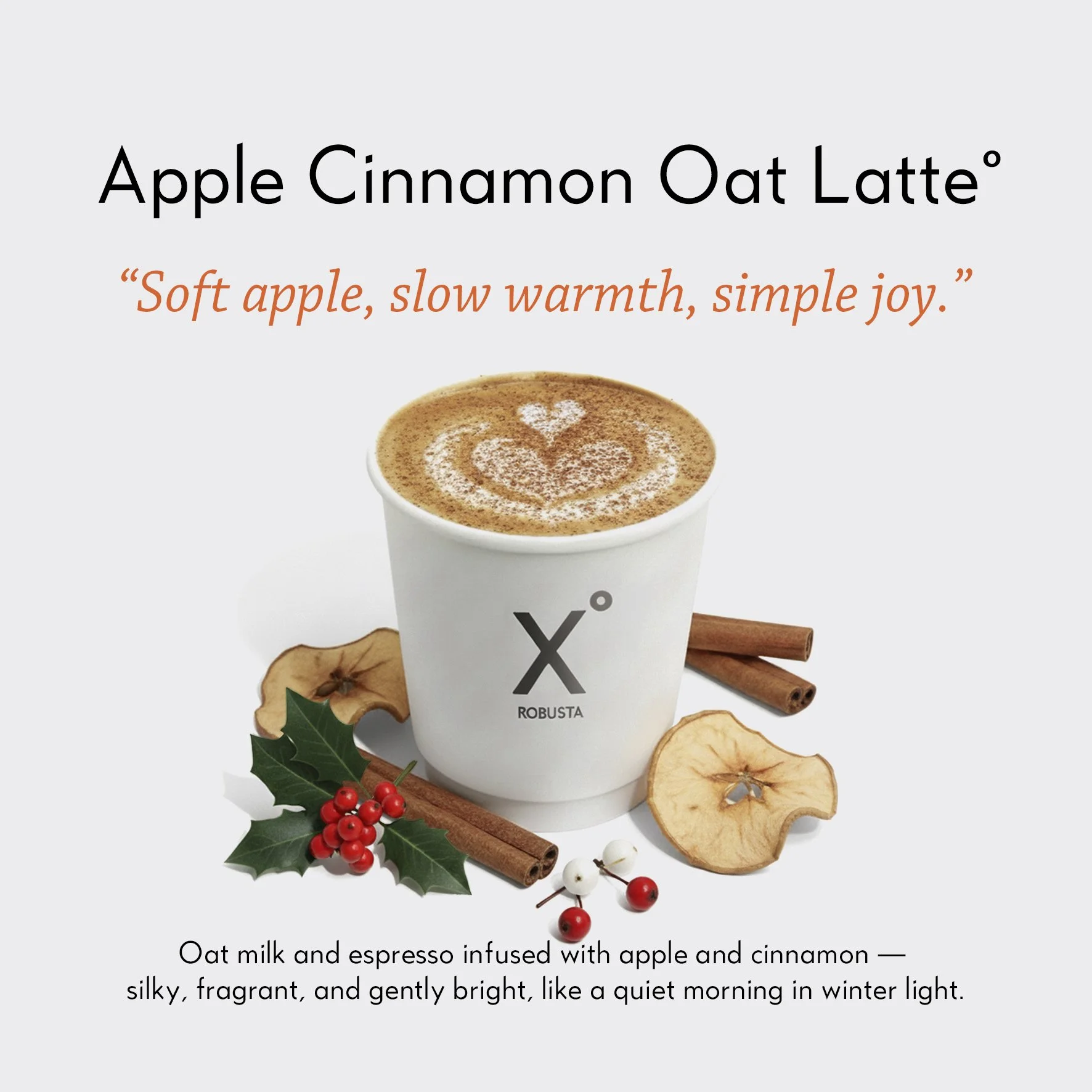 Apple Cinnamon Oat Latte by X° Robusta, with latte art and holiday spices.