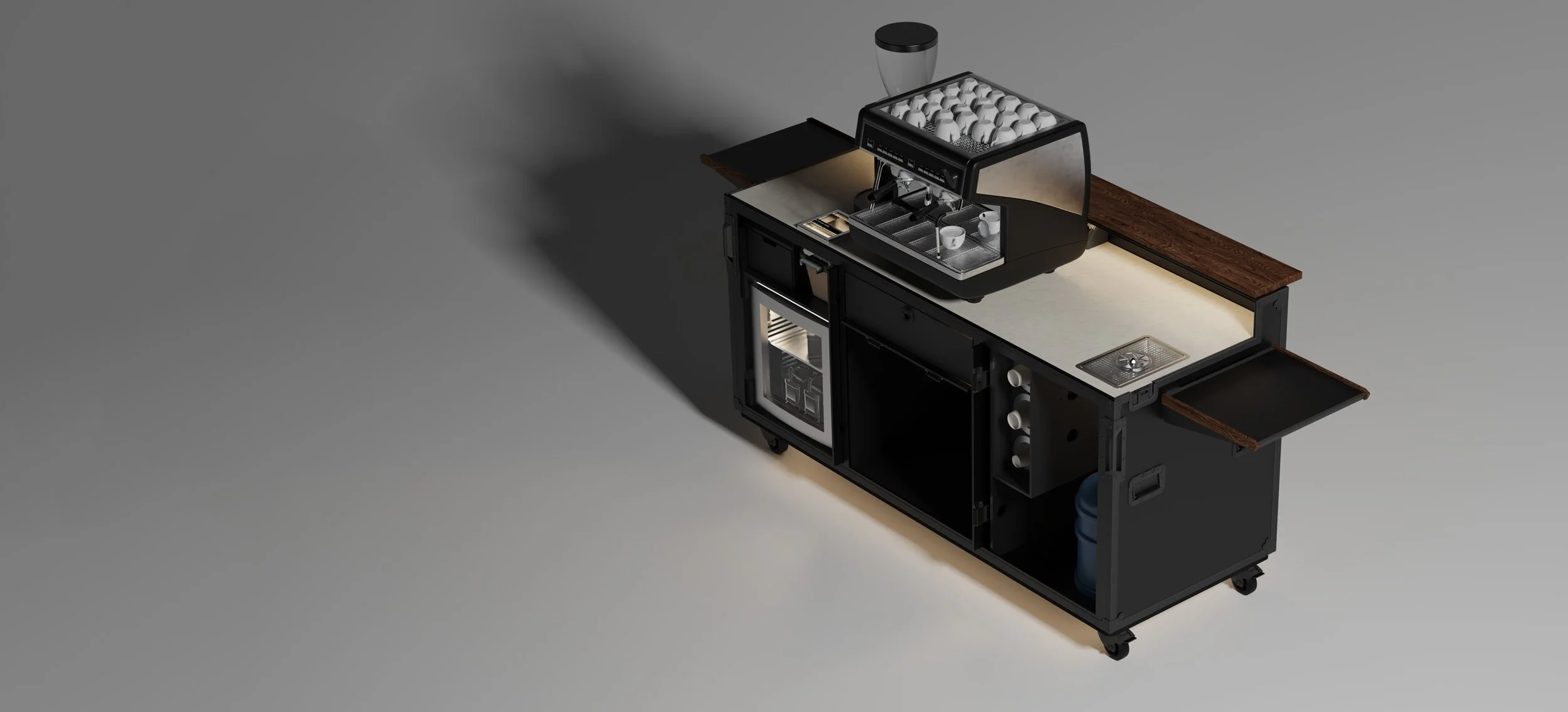 Mobile coffee cart with espresso machine, under-counter fridge, cup holder, and storage compartments.