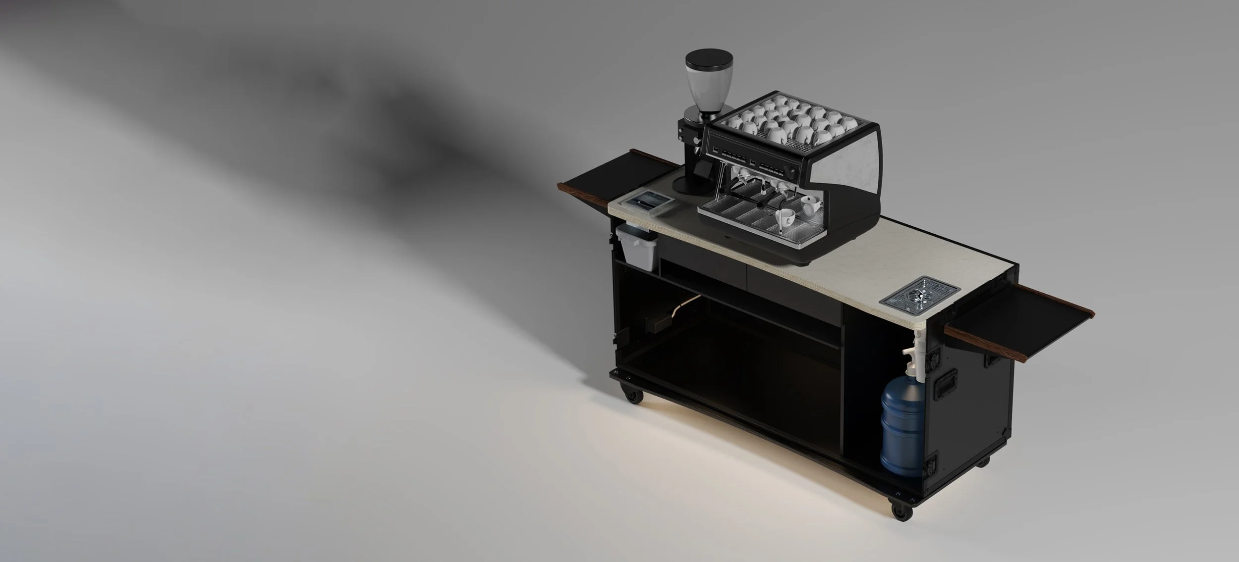 Portable espresso machine setup with grinder and water tank on a cart