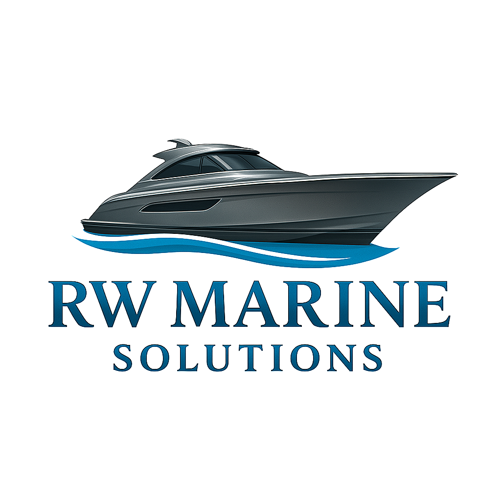 Logo of RW Marine Solutions featuring a modern yacht above the company name