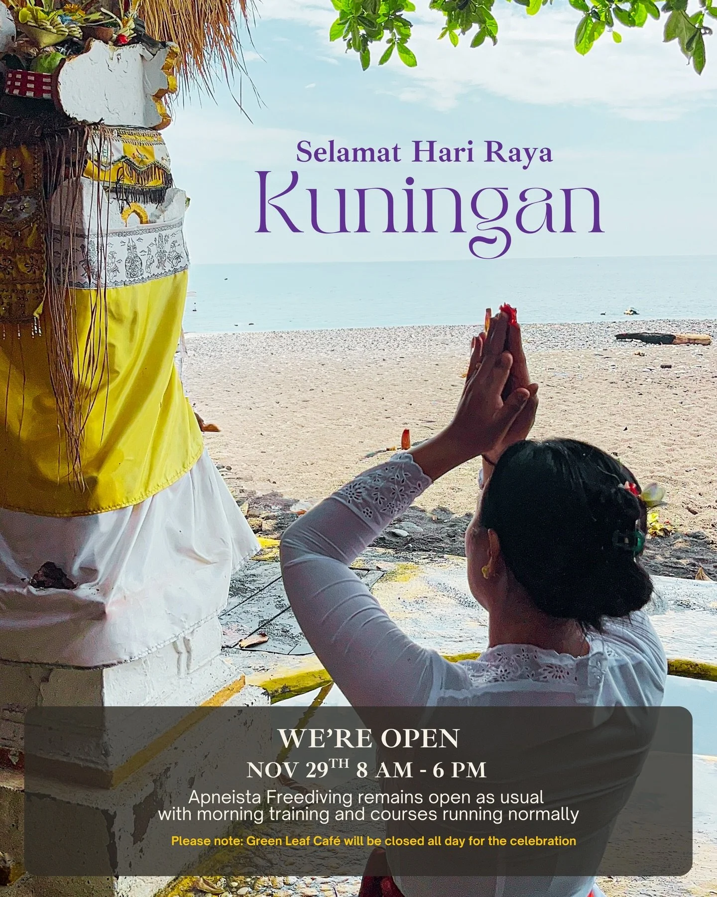 ✨ Selamat Hari Raya Kuningan! ✨

📌 Apneista Freediving stays open
🕗 8 AM &ndash; 6 PM

🤿 Morning training &amp; courses running as usual

❗️💚 Green Leaf Caf&eacute; will be closed all day for the ceremony.