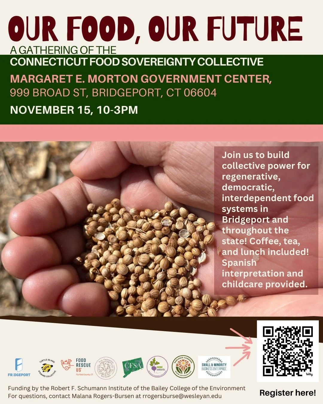 I'm so excited to lead to a workshop on Black & Brown Land Loss at Our Food Our Future on November 15th, 10-3pm in Bridgeport!
Join the CT Food Sovereignty Collective in building collective power for regenerative, democratic, interdependent food