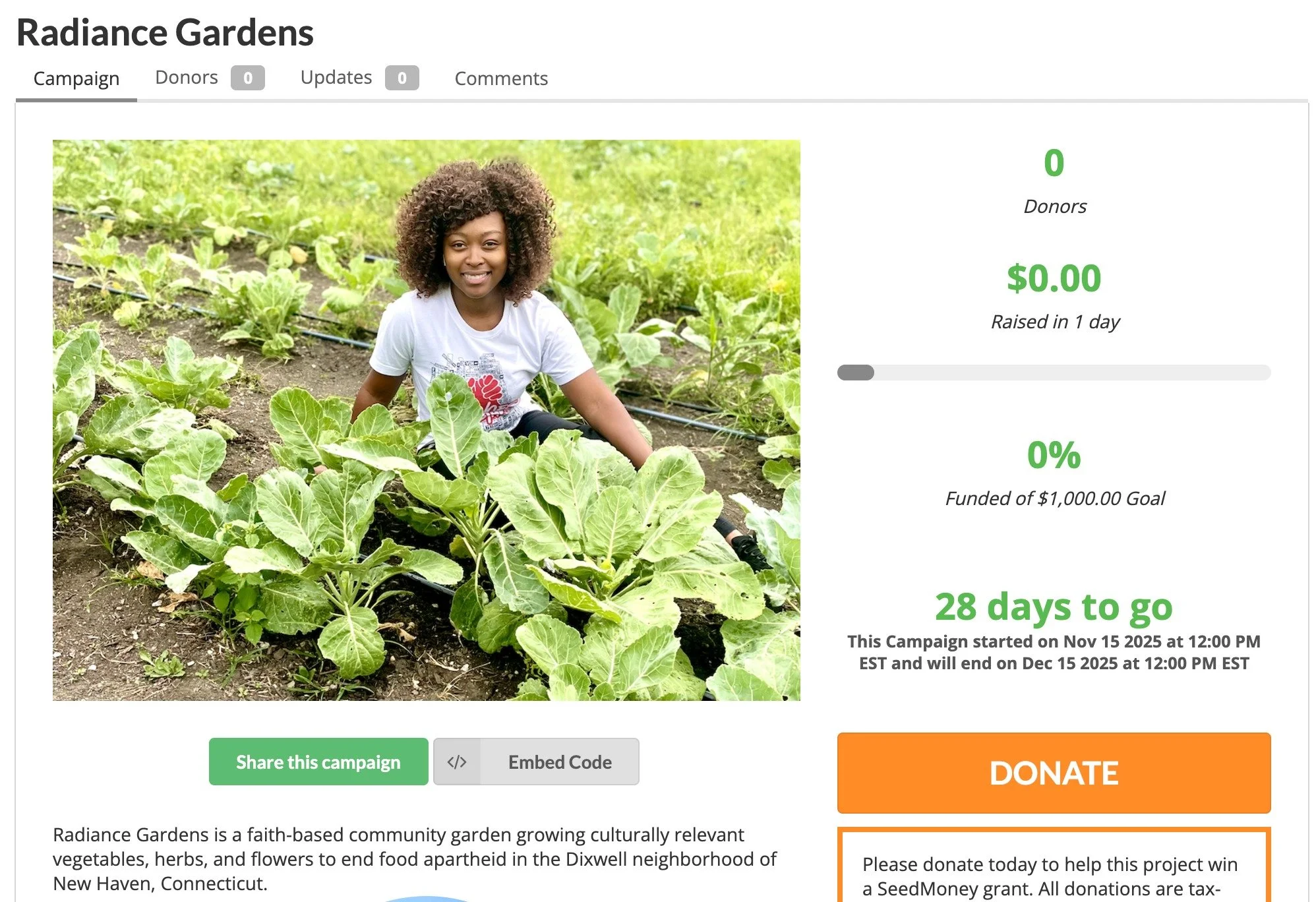 Hey y'all! I need your support! I have a goal of raising $1,000 for my community garden. We need new raised beds, soil, seeds, tools, toolshed, benches, mulch, weed fabric, etc. Every donation to my community garden helps us grow food for the communi