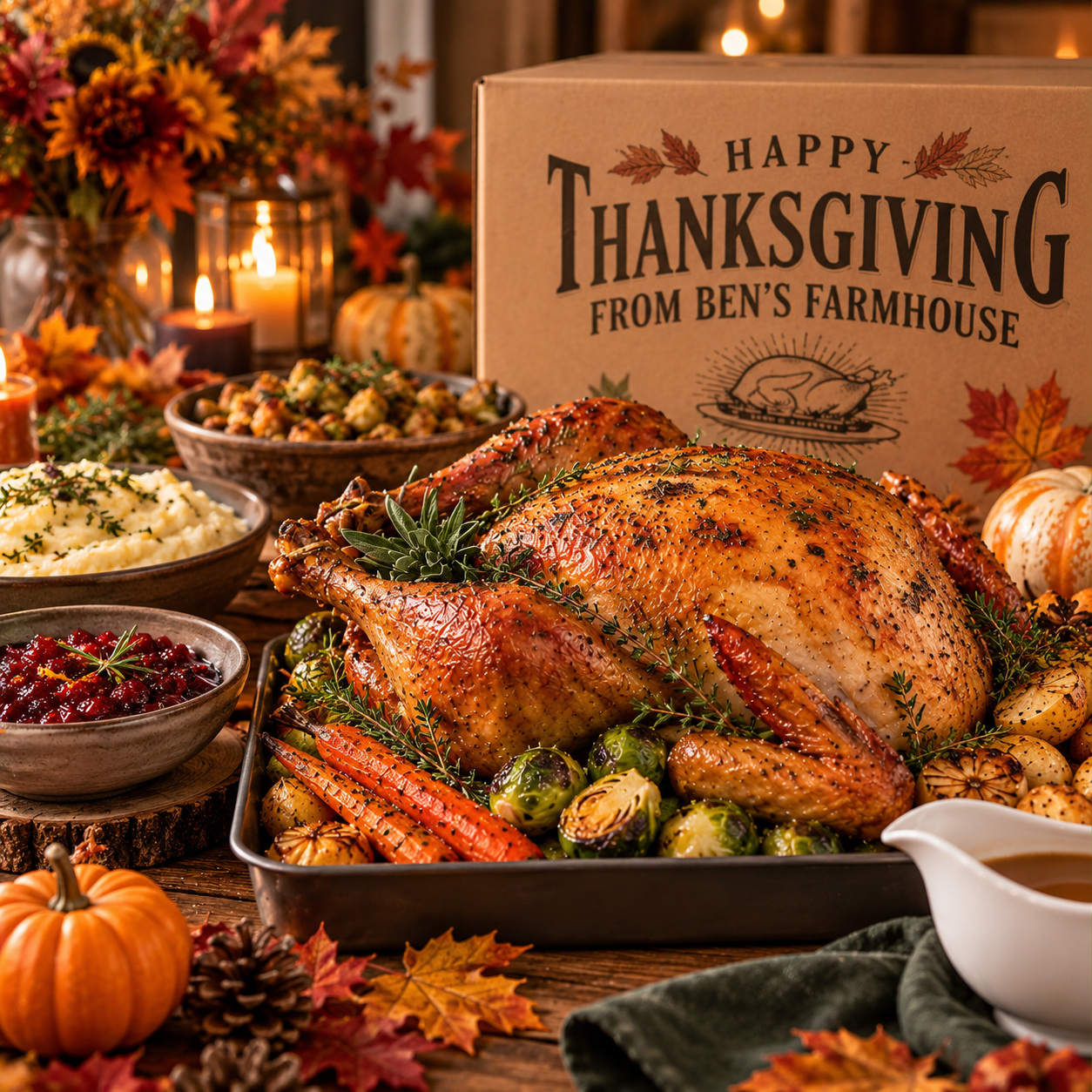 A THANKSGIVING TURKEY WITH ALL THE TRIMMINGS AND SIDES IN FRONT OF DELIVERY BOX 