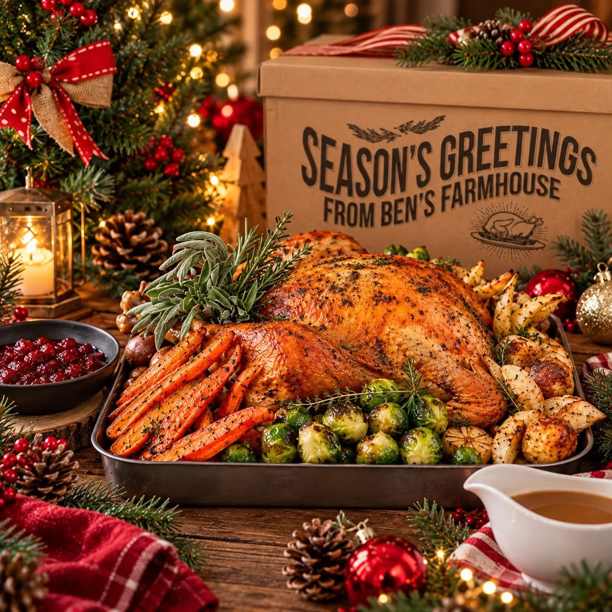 CHRISTMAS TURKEY WITH ALL THE TRIMMINGS IN FRONT OF XMAS TREE AND FESTIVE BOX 
