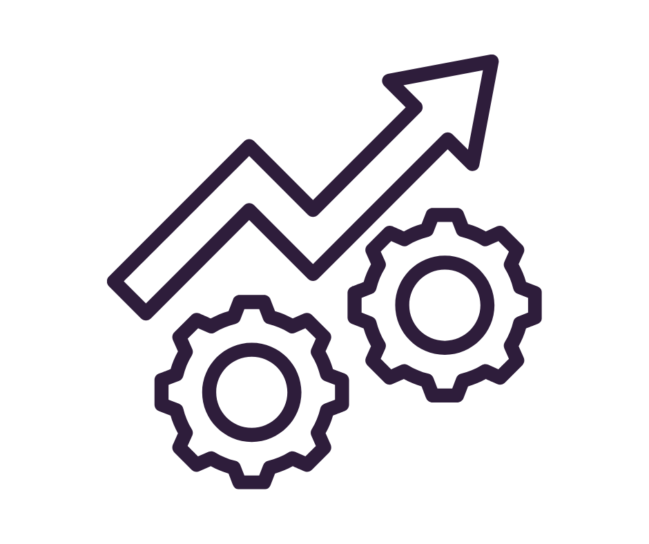 Line graph with an upward arrow and two gear icons, representing growth and technical processes.