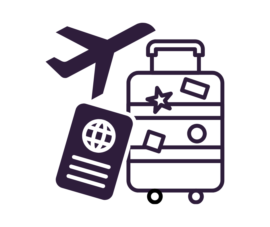 Icon of an airplane, a suitcase with travel stickers, and a passport with a globe symbol, indicating travel or vacation.