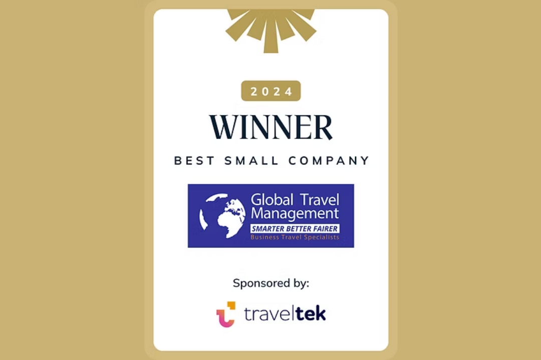 An award certificate for the 2024 Best Small Company, won by Global Travel Management.