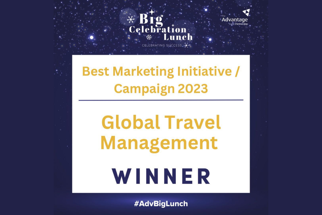 Award announcement for the Best Marketing Initiative / Campaign 2023 in Global Travel Management, celebrating success at a Big Celebration Lunch event.