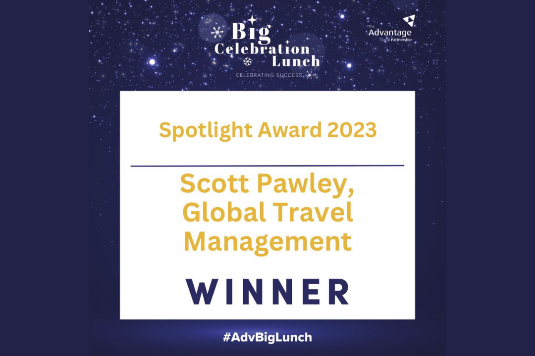 Award announcement for Scott Pawley, Global Travel Management, as winner of the Spotlight Award 2023 at the Big Celebration Lunch.