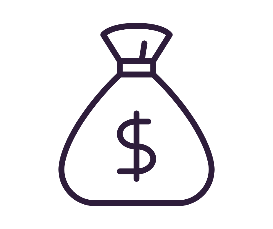 Line drawing of a money bag with a dollar sign on it.