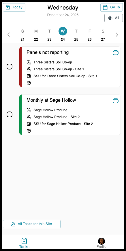 Mobile calendar app showing schedule for Wednesday, December 24, 2025, with tasks related to Three Sisters Soil Co-op and Sage Hollow Produce, including site-specific details and safety summaries.