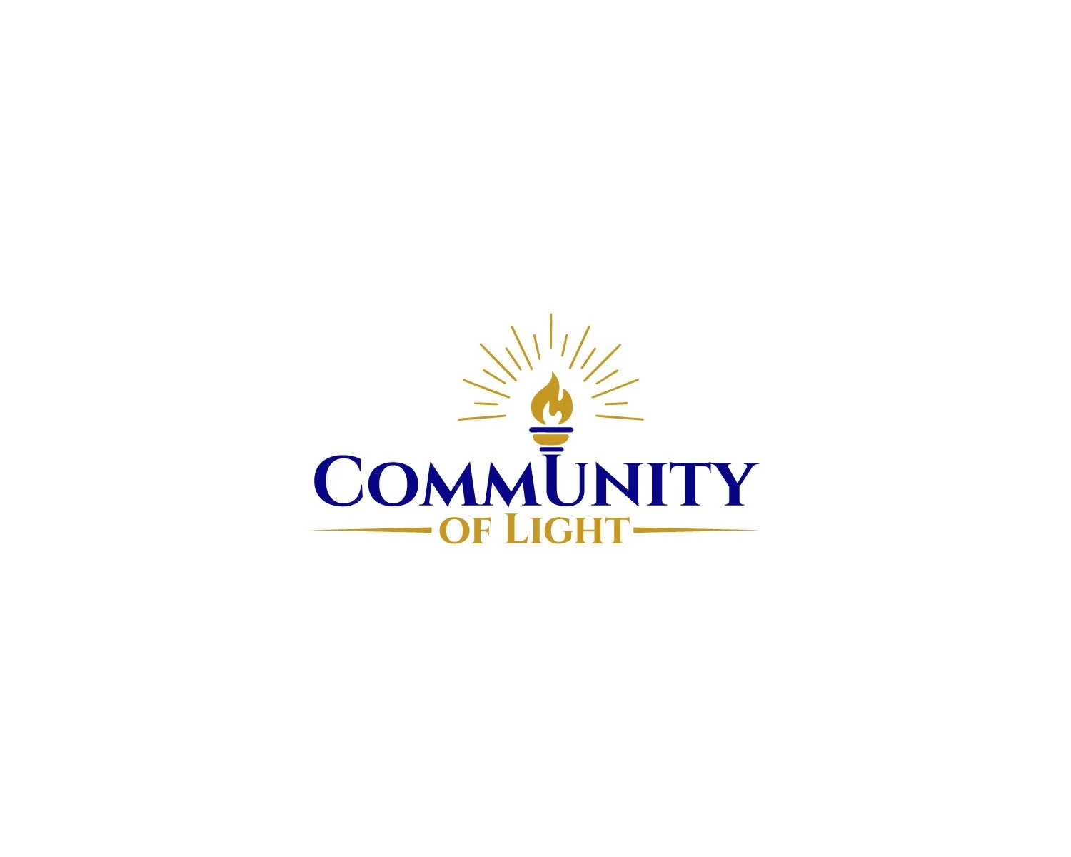 Logo for Community of Light featuring a stylized candle flame with rays of light, with the words "Community of Light" in blue and gold.
