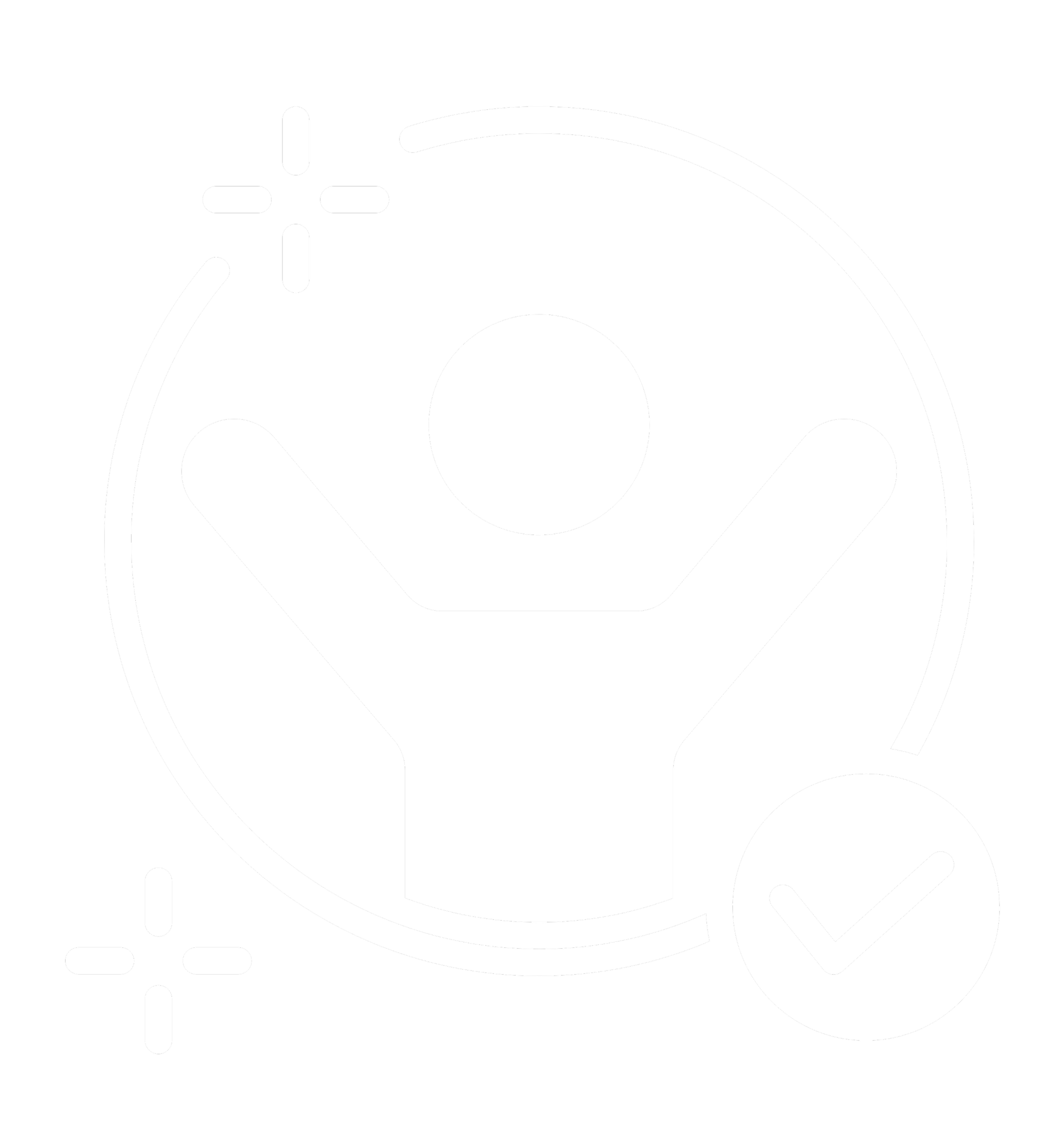 Icon of a person with raised arms inside a circle, with a checkmark in a smaller circle nearby, on a black background.