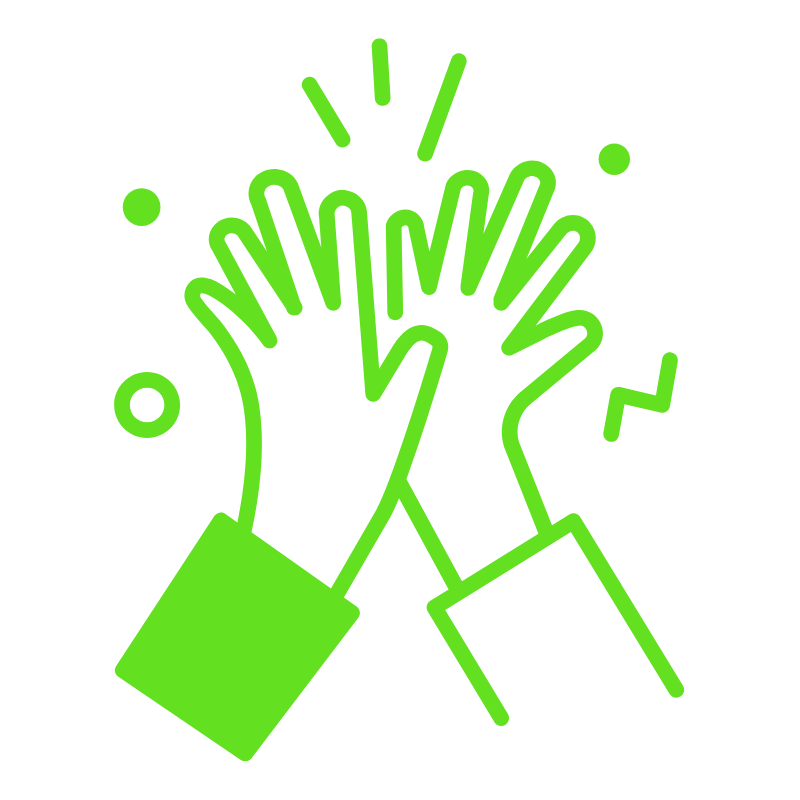 Outline drawing of two hands giving a high five with decorative lines and dots around.