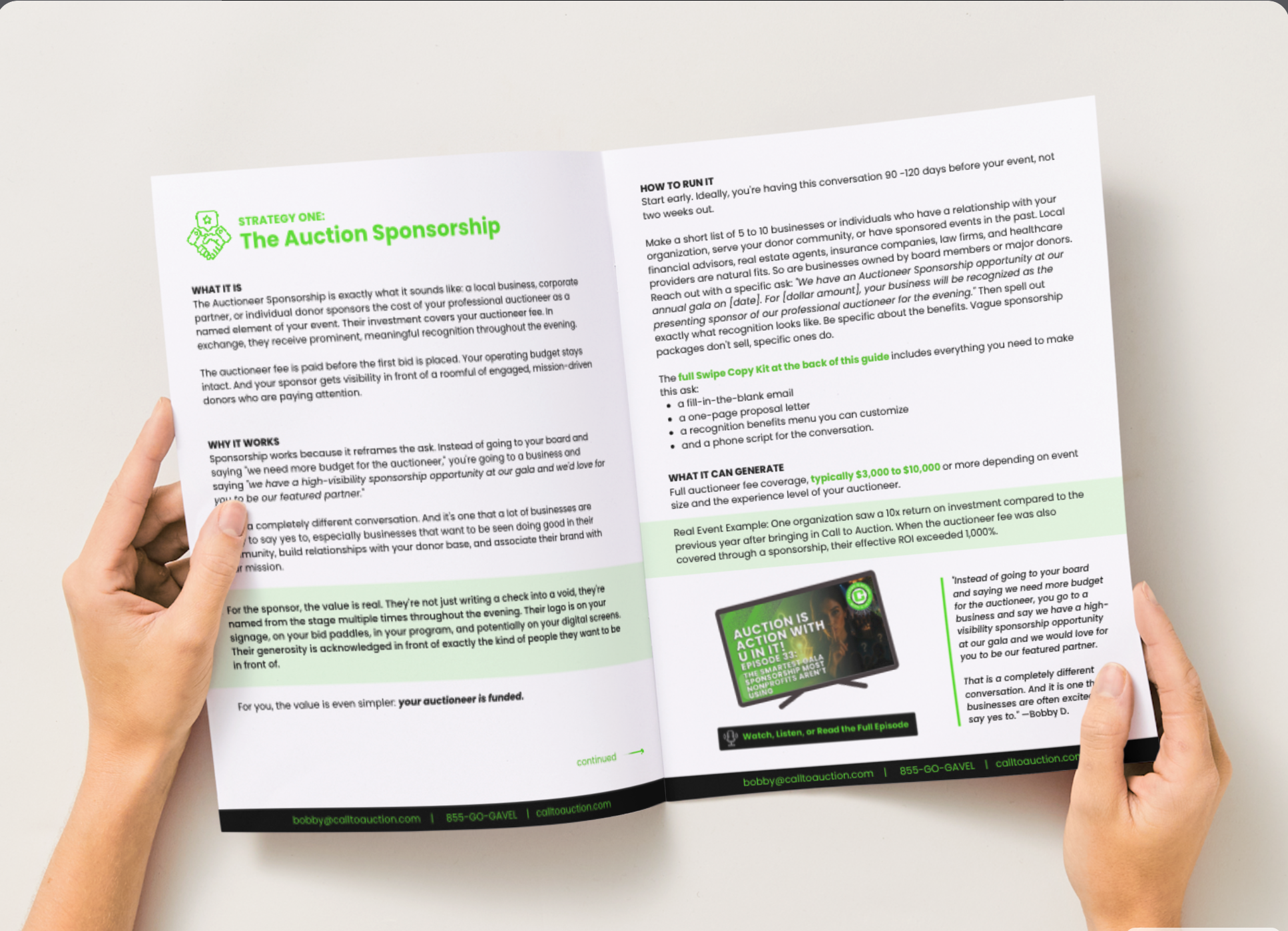 A person holding an open brochure with green and black text, explaining strategies for auction sponsorship, including steps and benefits, over a white background.