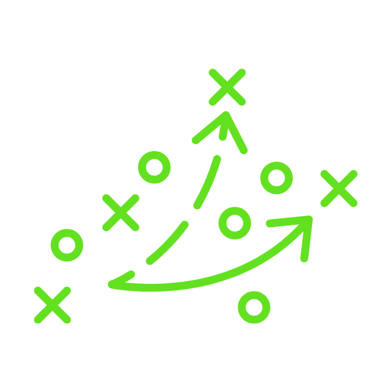 A tactical diagram with green lines and circles indicating strategic movements and positions.