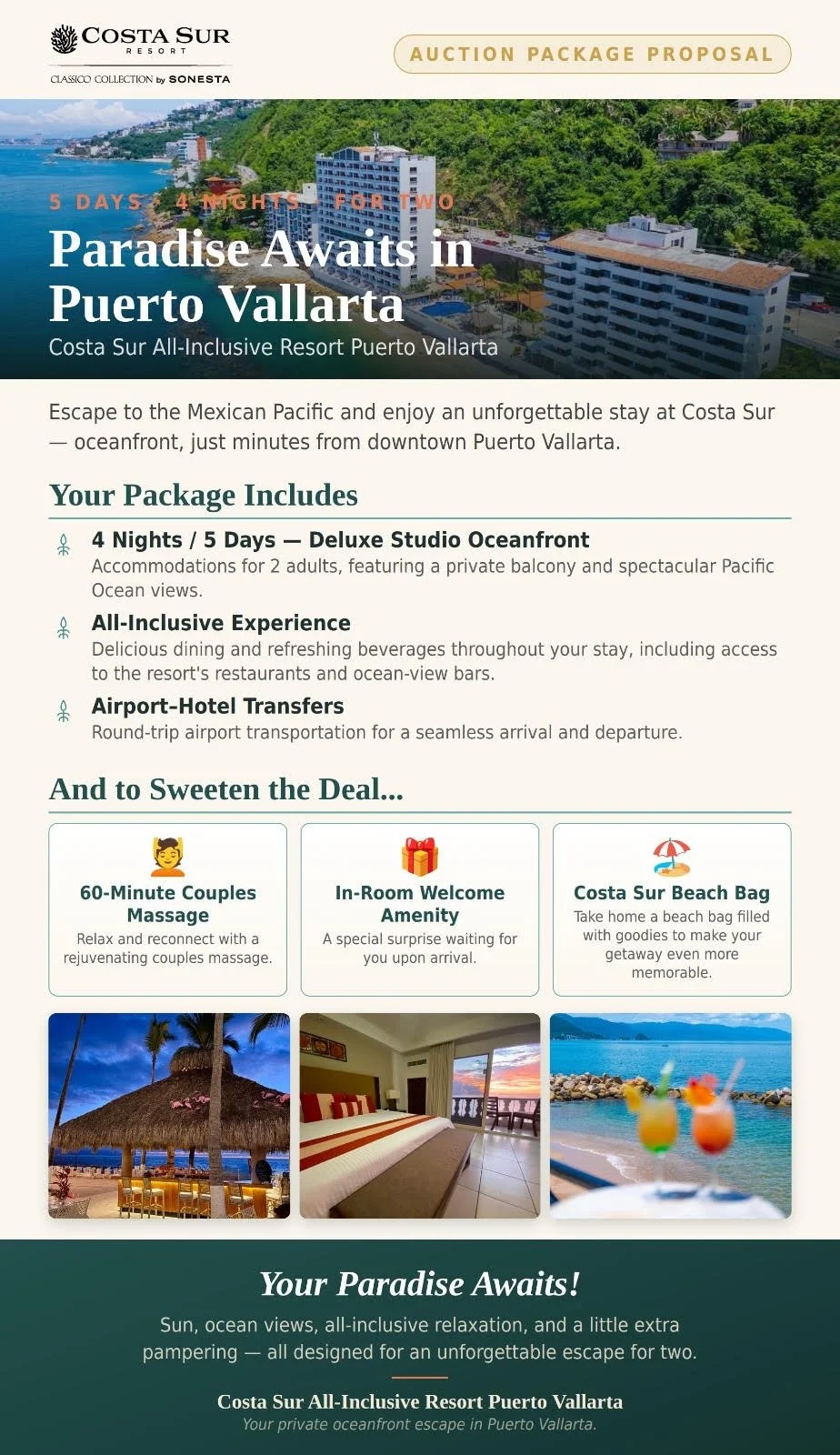 A resort brochure for Costa Sur Resort in Puerto Vallarta, highlighting an auction package for a 4-night stay in a deluxe oceanfront studio, including all-inclusive experience and airport transfers. It features images of a tropical beach, a hotel room with ocean views, and a beach bar with cocktails.
