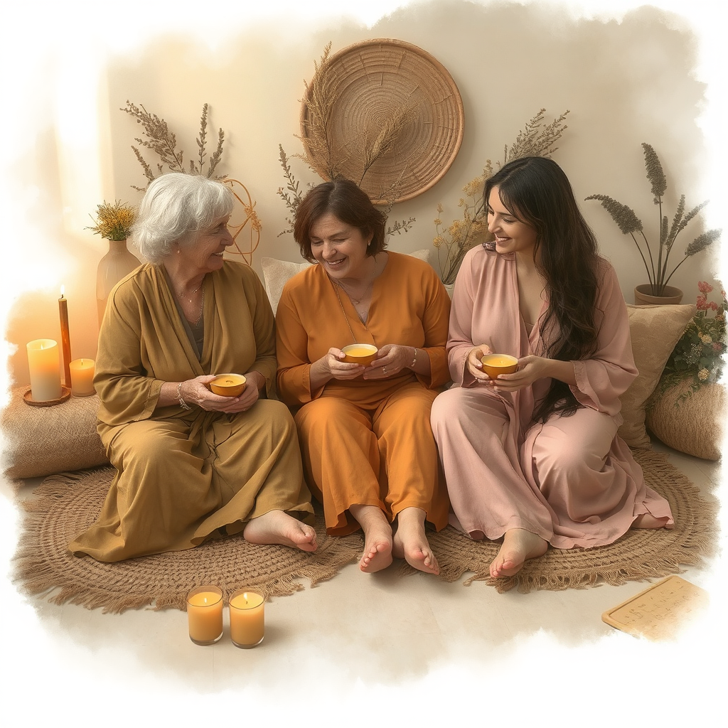 Three women sitting on a carpeted floor, wearing earthy tonal robes, holding bowls, surrounded by candles and natural decor in a cozy setting.