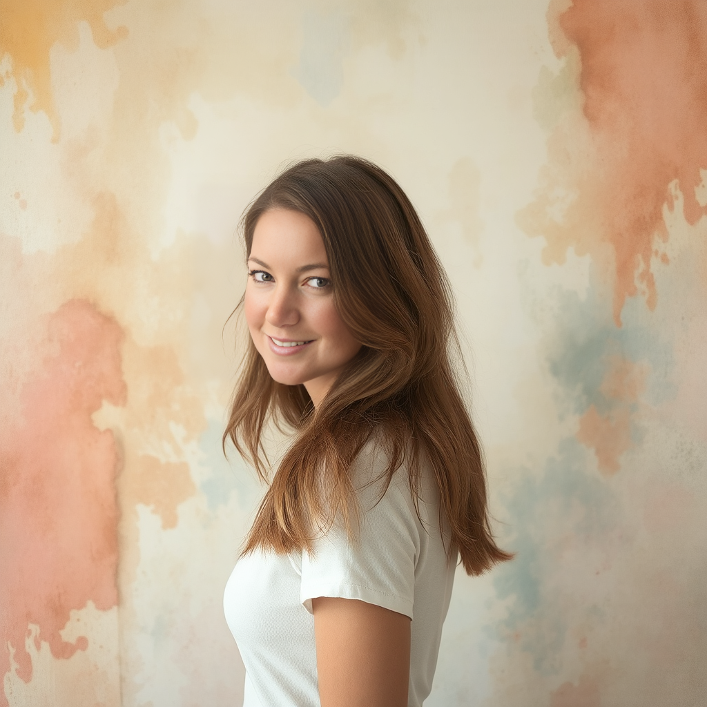 Smiling woman with long hair, wearing a white shirt, against a pastel-colored abstract background.