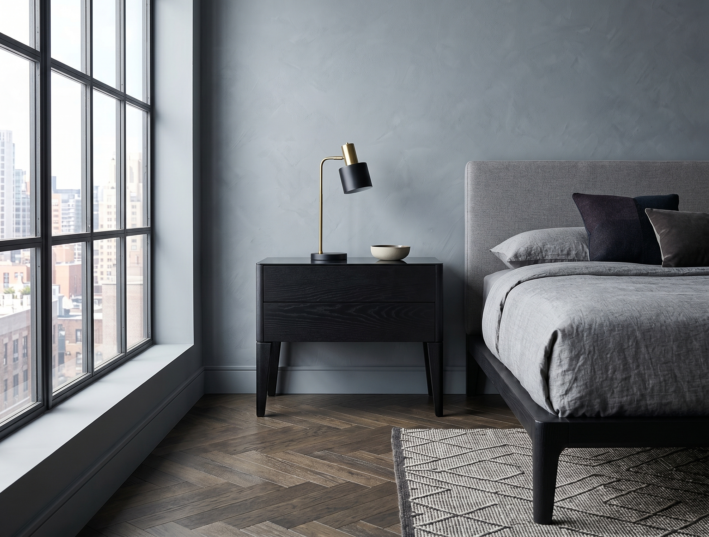 Villeray Bedside table Tapered legs Black oak.png