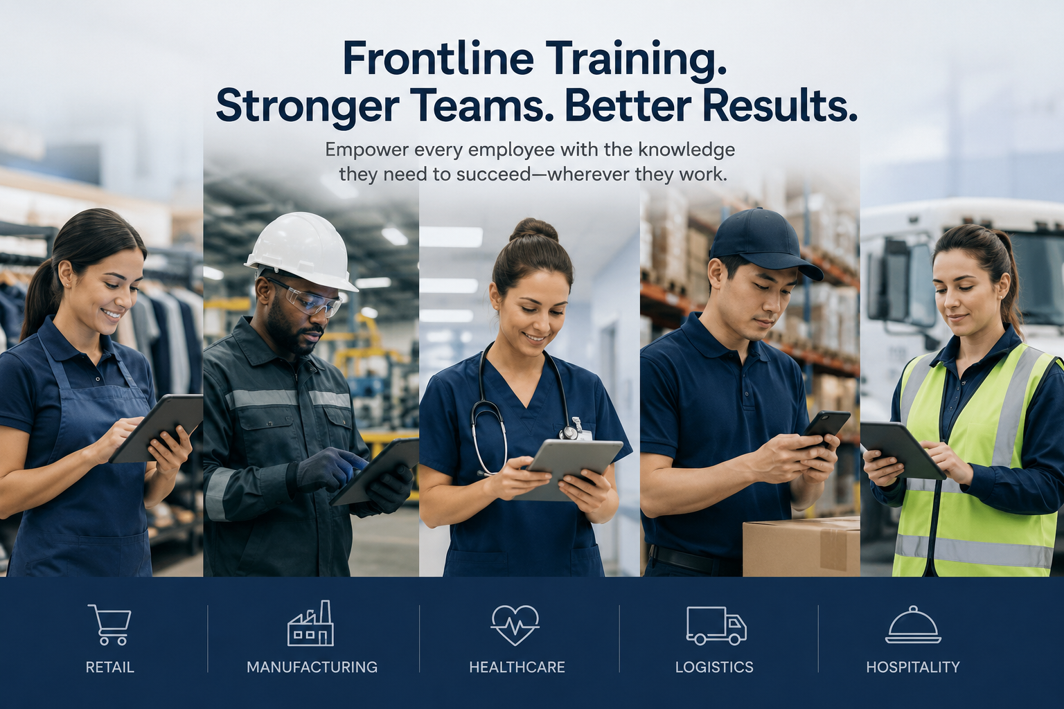 Frontline employees completing mobile training across retail, healthcare, manufacturing, and logistics workplaces.