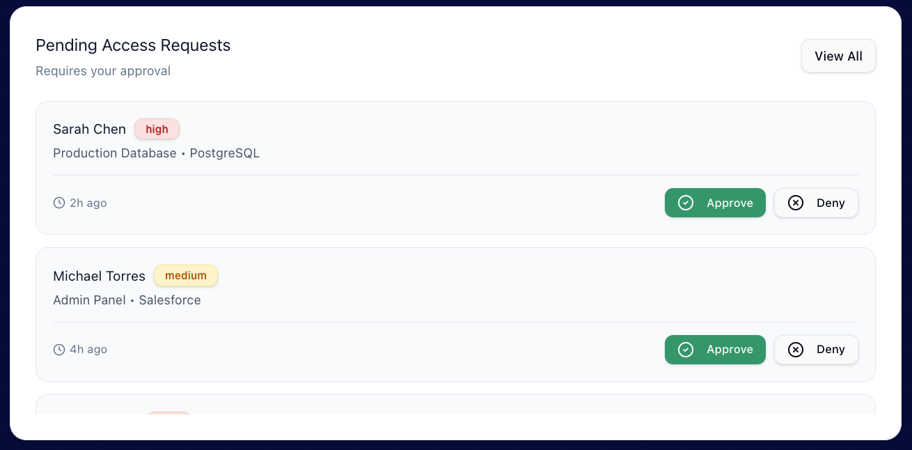Trust Player Zero access review dashboard showing pending access requests, risk levels, and approve or deny decisions.