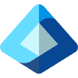A geometric logo with overlapping diamond shapes in shades of blue.