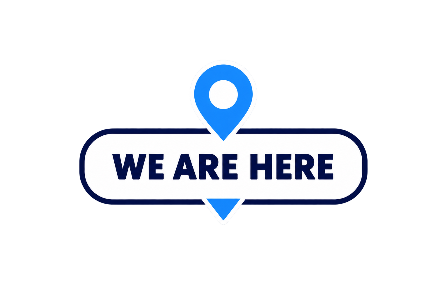 Digital graphic with a blue location pin and a white text box reading 'WE ARE HERE' on a dark background.