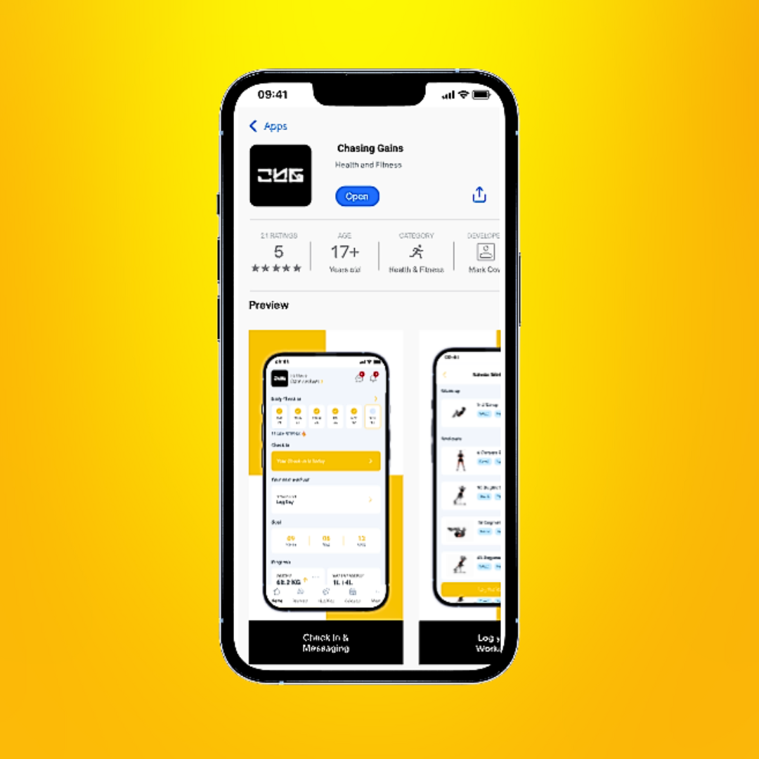 Smartphone displaying the Chasing Gains fitness app on the App Store with a yellow background.
