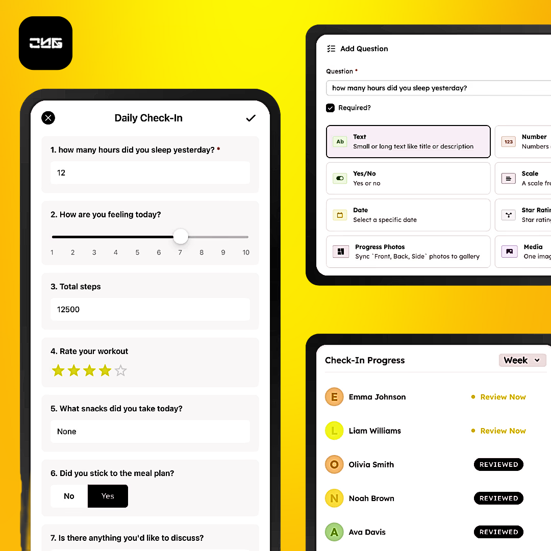 Screenshots of a digital health and fitness app showing daily check-in questions about sleep, mood, steps, workout rating, snacks, meal plan adherence, and discussion topics, along with a question creation screen and a weekly check-in progress display with user names and review statuses, all set against a yellow background.