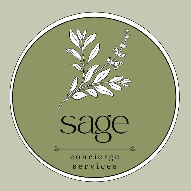 A circular logo with a green background featuring an illustrated sage herb and the text 'sage' in large font, and 'concierge services' below in smaller font.