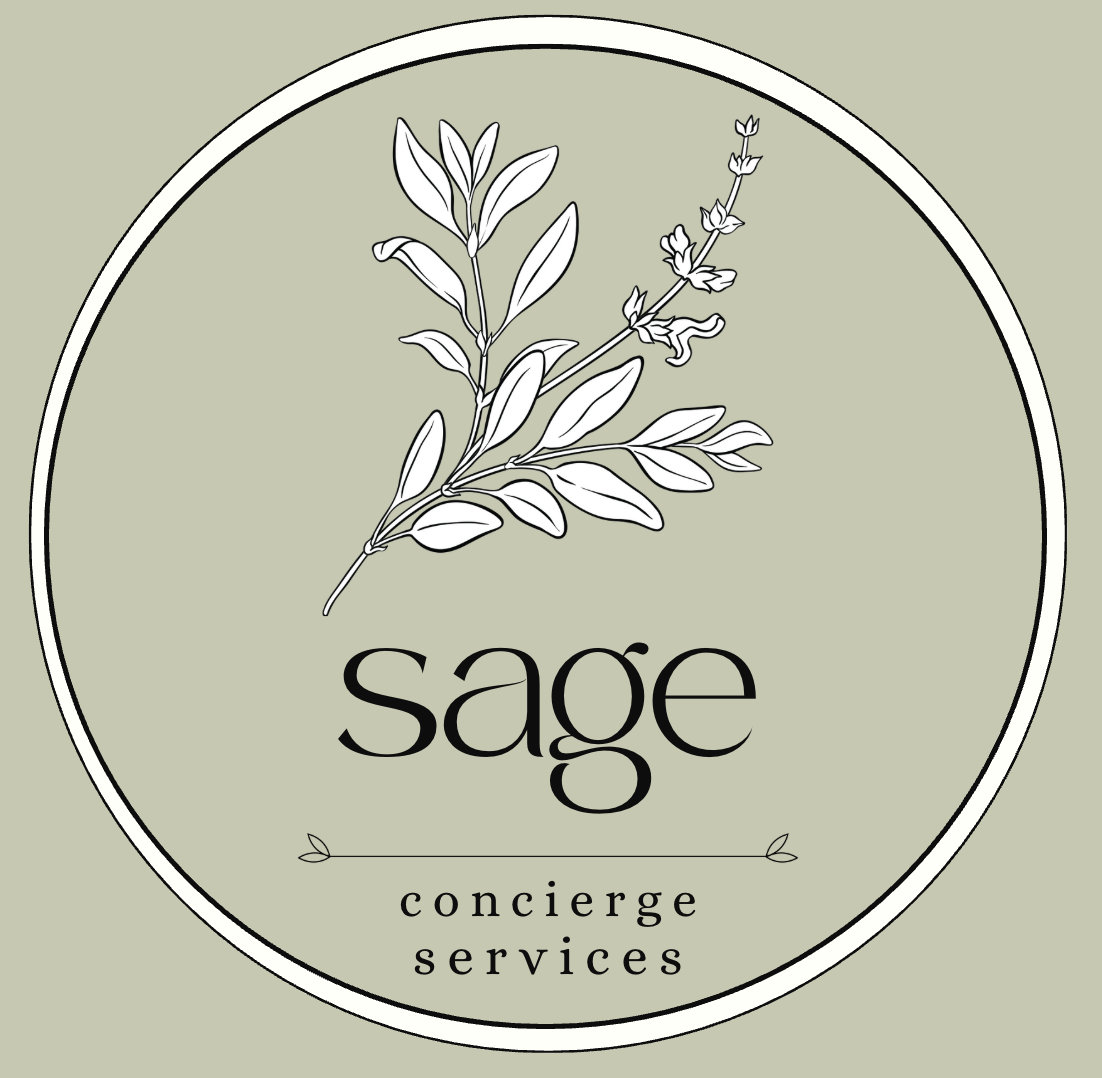A logo for Sage concierge services featuring a sage plant illustration and the words 'sage' and 'concierge services' on a light green background.