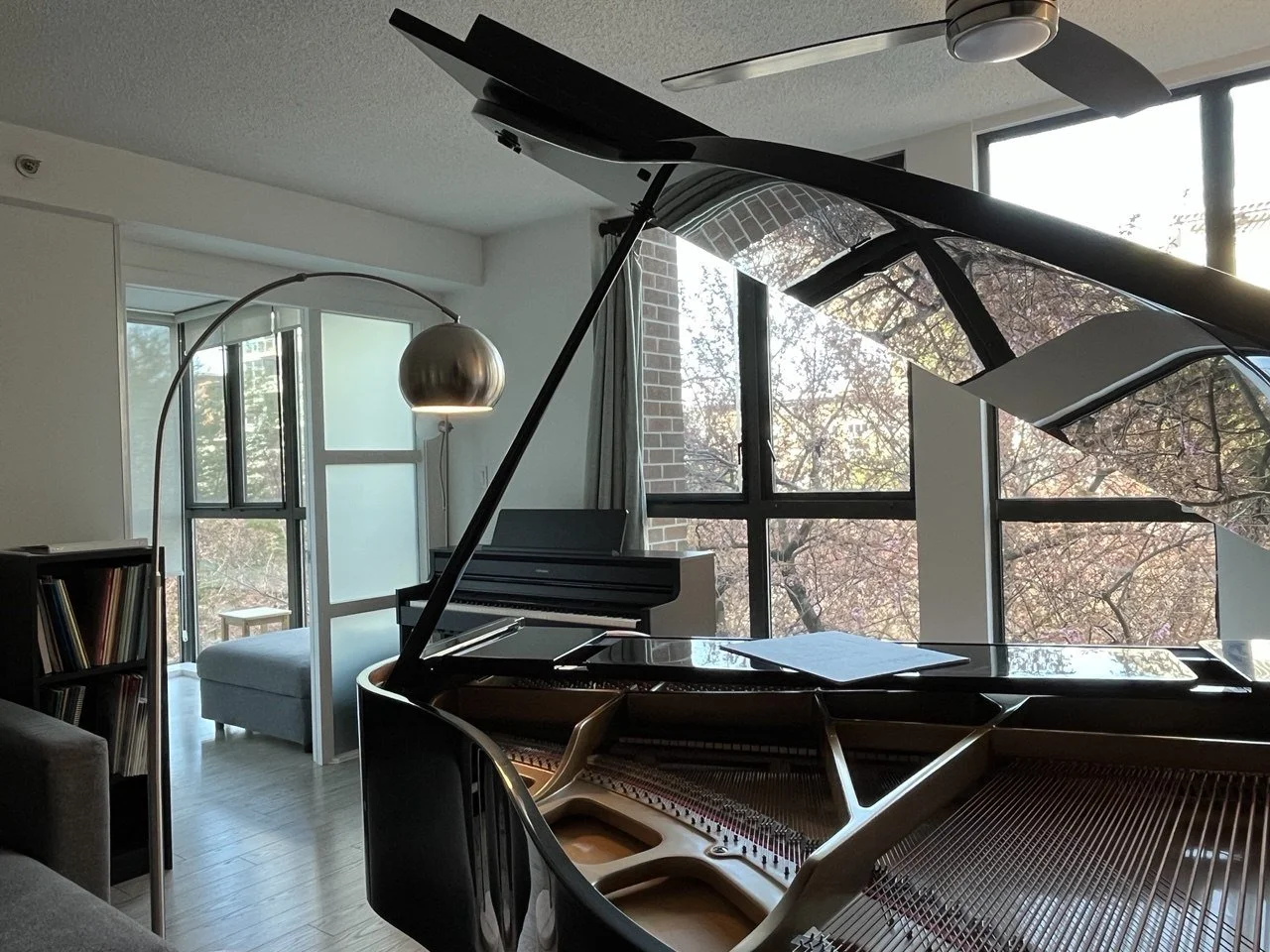 Interior of a modern living room with a grand piano and a harp, large windows showing trees outside, a metallic floor lamp, a small bookshelf, and a sliding glass door leading to an outdoor area.