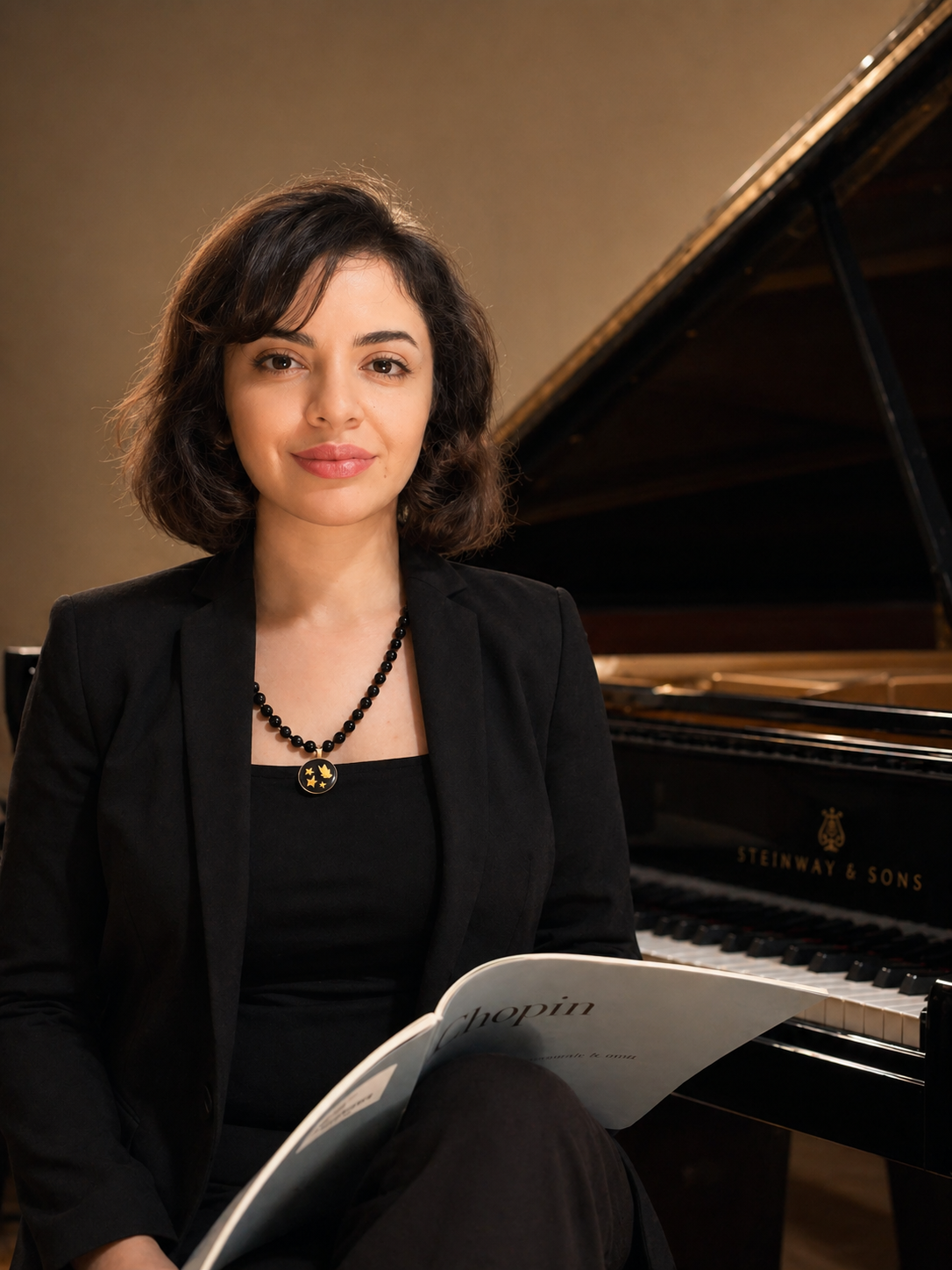 A woman with dark wavy hair wearing a black blazer and a beaded necklace with a round pendant, sitting at a piano with sheet music in front of her, in a room with framed artwork on the wall.