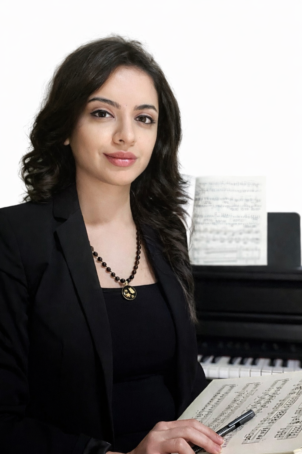 A woman with dark wavy hair wearing a black blazer and a beaded necklace with a round pendant, sitting at a piano with sheet music in front of her, in a room with framed artwork on the wall.