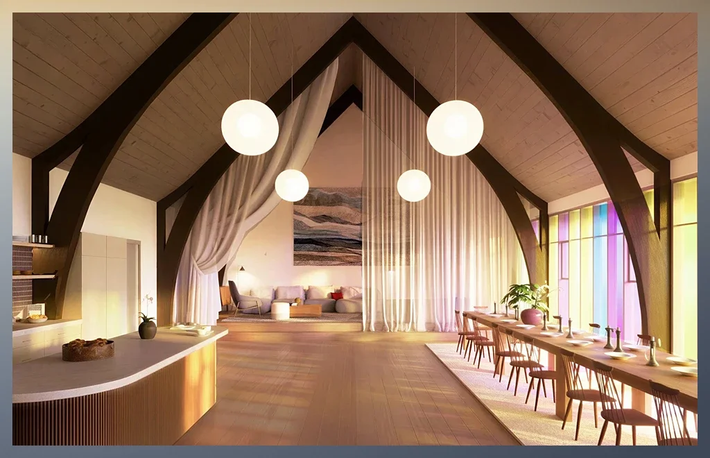 A rendering of The Living Room space at The Lantern in SE Portland Oregon