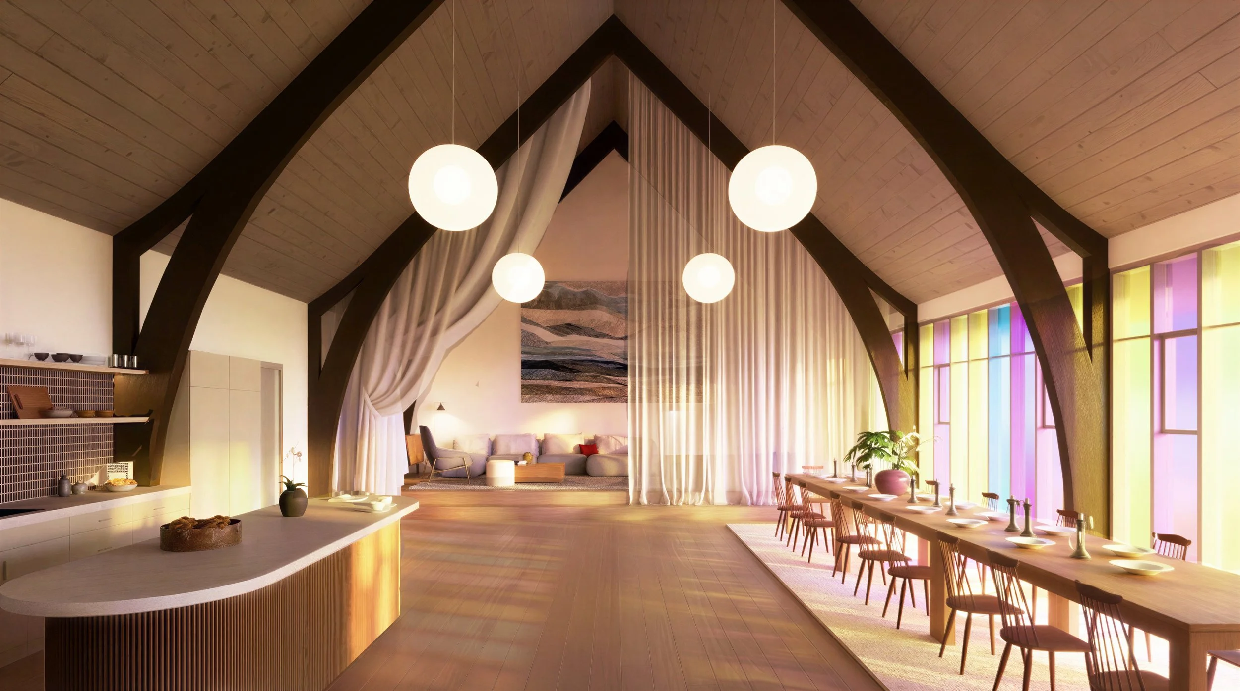 Rendering of The Living Room at The Lantern showing open, modern seating and the stained glass.