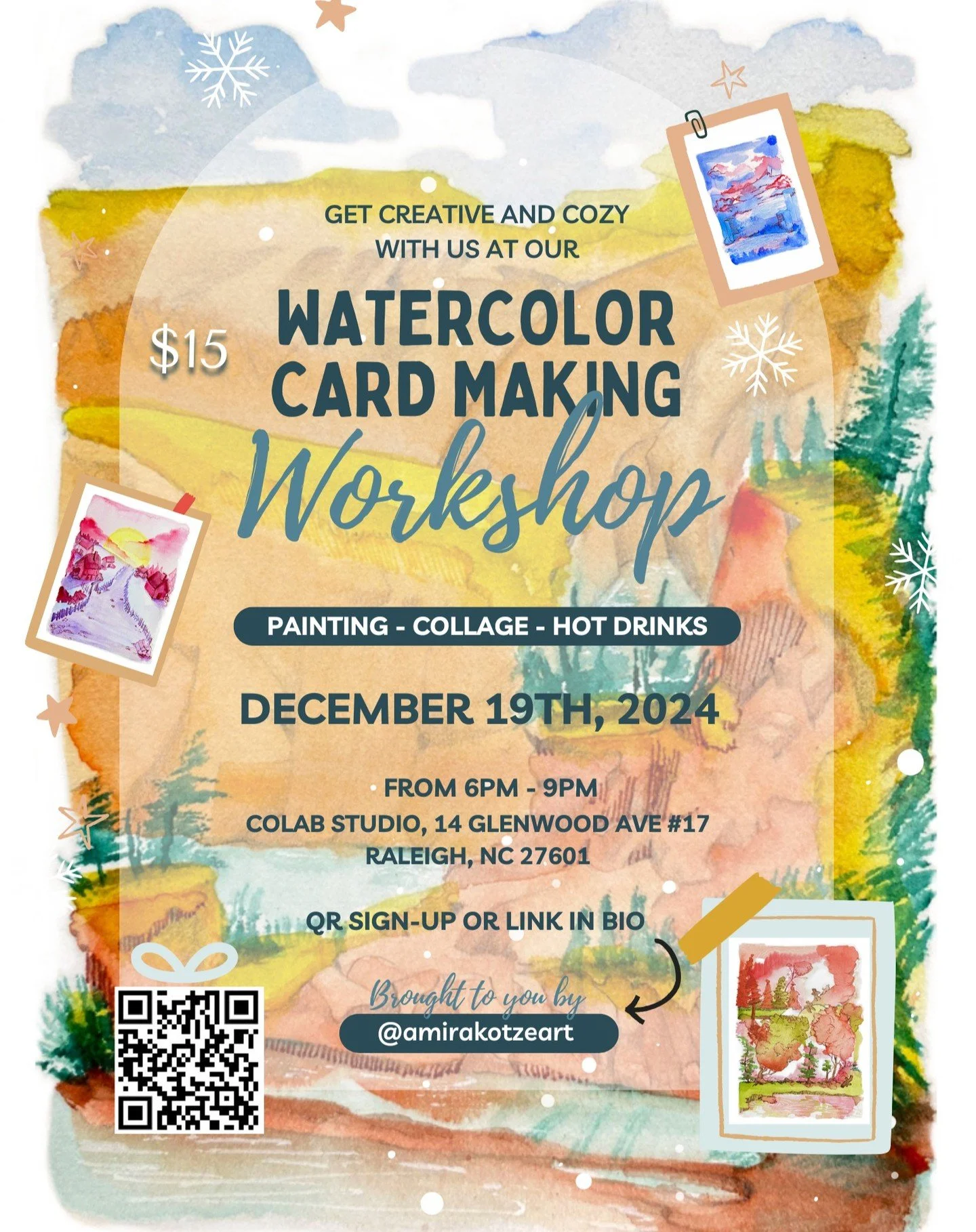 ❄Let's get festive and make some last minute holiday cards! Or... cards for next year 😮? 
Class size is limited to 12 spots, so sign-up early to save your seat! 
We will have hot beverages and card making supplies. 
Thanks for @thecolabraleigh for k