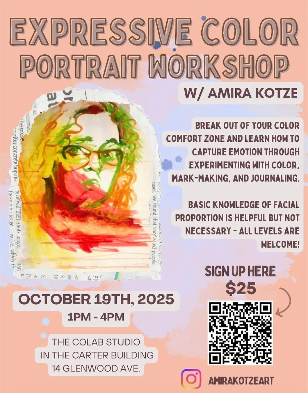Got another workshop for y&rsquo;all! 
.
I will be teaching basics (very very basic) for portraiture, color blocking, and very basic color theory. Bring a picture on your phone or a blown up printout. It could even be a pet! 
Canvases, brushes, apron