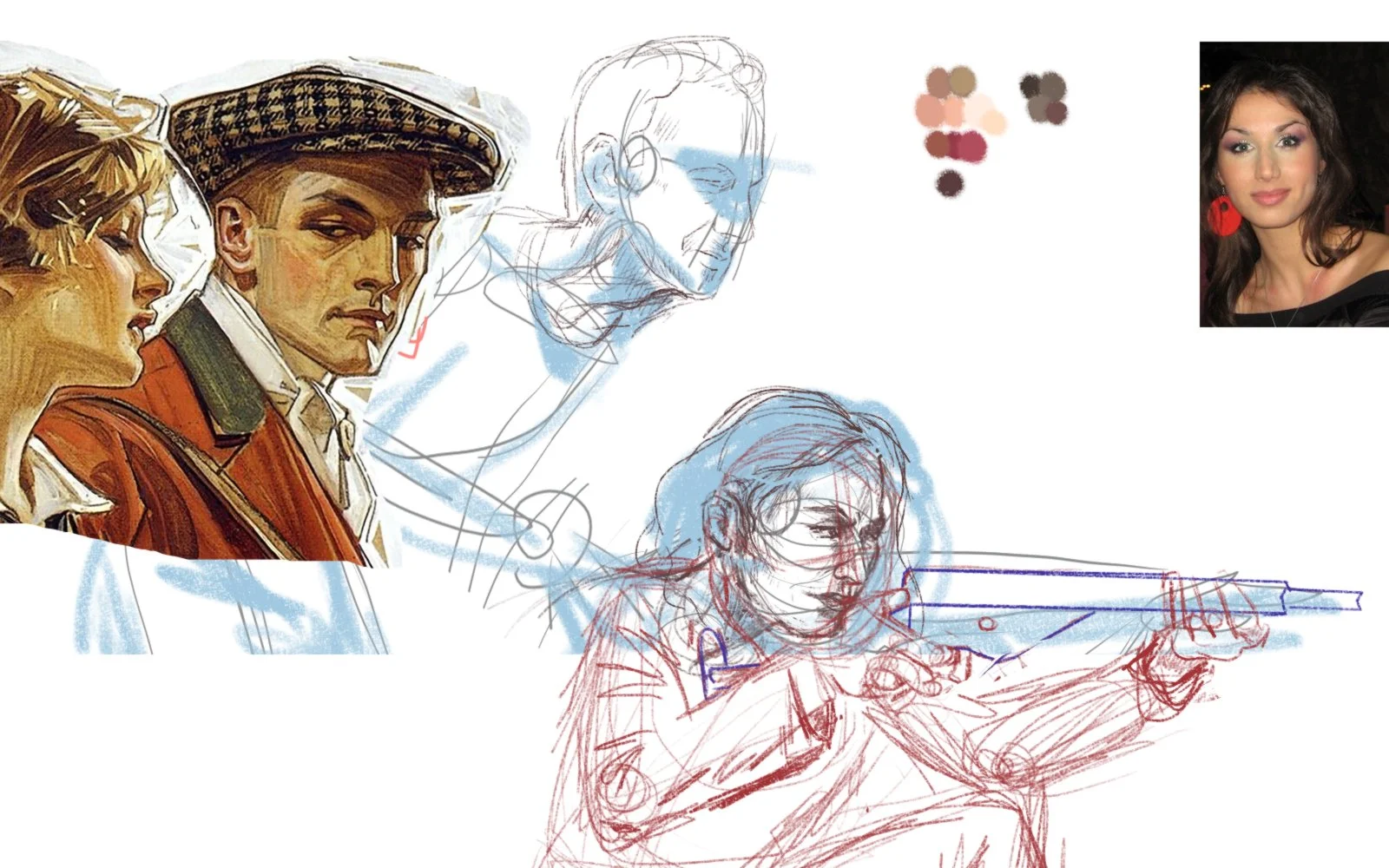 Working on a new project -- a book cover actually. This is what my process looks like. 
It's actually even more cluttered now. 
.
Not pictured: Me at a cafe with bloodshot eyes vibrating to house music while pookie eats my feta onion bialy.
.
#bookil