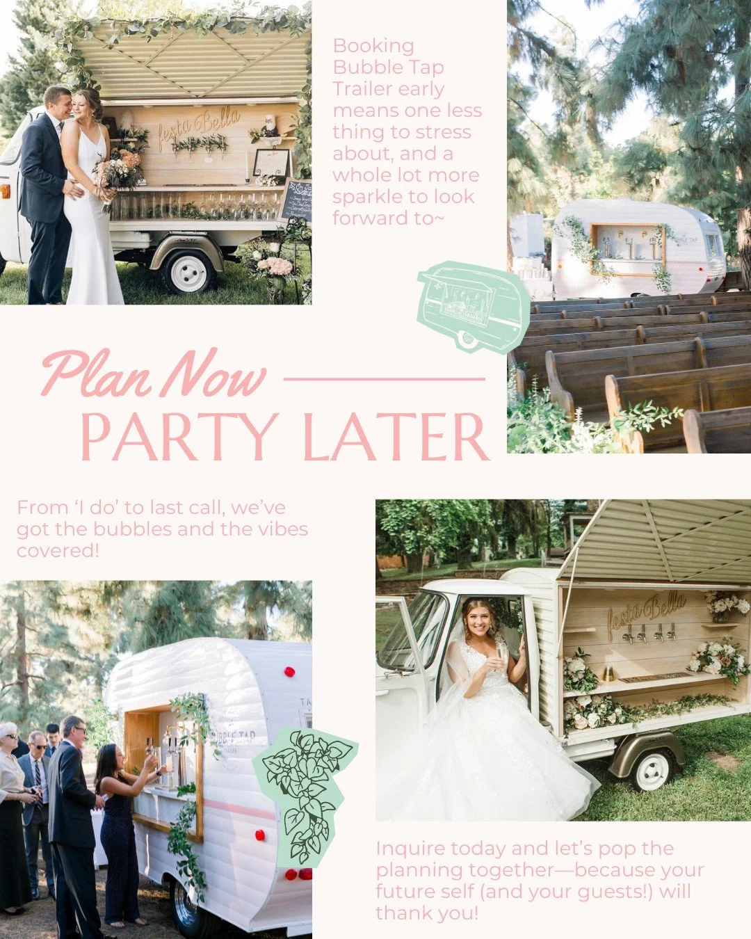 Dear future newlyweds, planning ahead = more bubbles later. 💍 From cocktail hour to the final toast, Bubble Tap Trailer is the guest your big day needs. 

We&rsquo;ll bring the sparkle so your love can shine. ✨ Secure your spot today at bubbletaptra