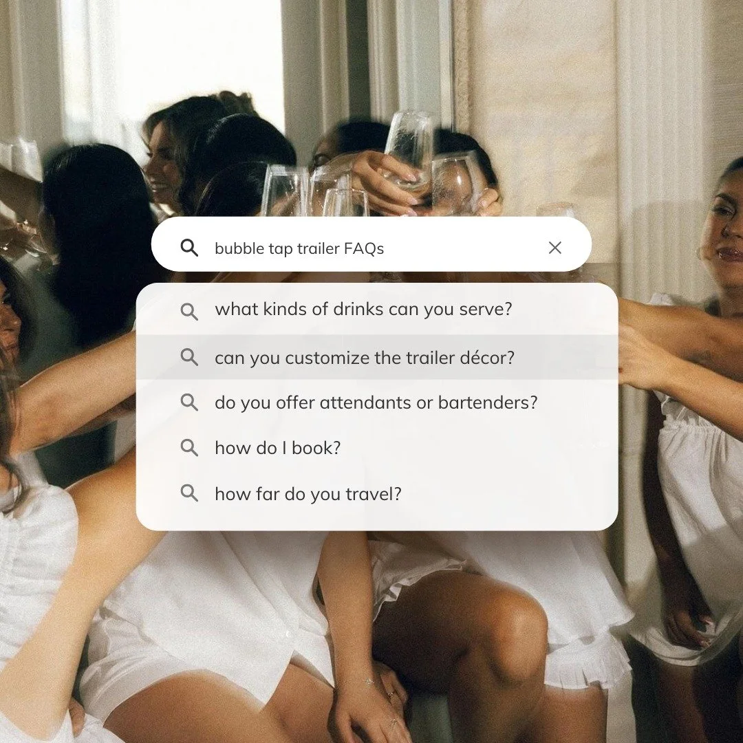 got questions? we&rsquo;ve got bubbles. 🥂✨

from prosecco to mocktails, custom d&eacute;cor to trained attendants, Bubble Tap Trailer makes your wedding (or any celebration) effortlessly stylish and totally photo-ready!

swipe through our top FAQs a