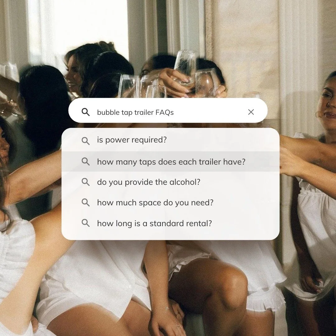 before you book&hellip; 🥂

here&rsquo;s everything you need to know about bubble tap
from the drinks to the setup to the experience itself

swipe through our FAQs
and then let&rsquo;s get your date secured 💗