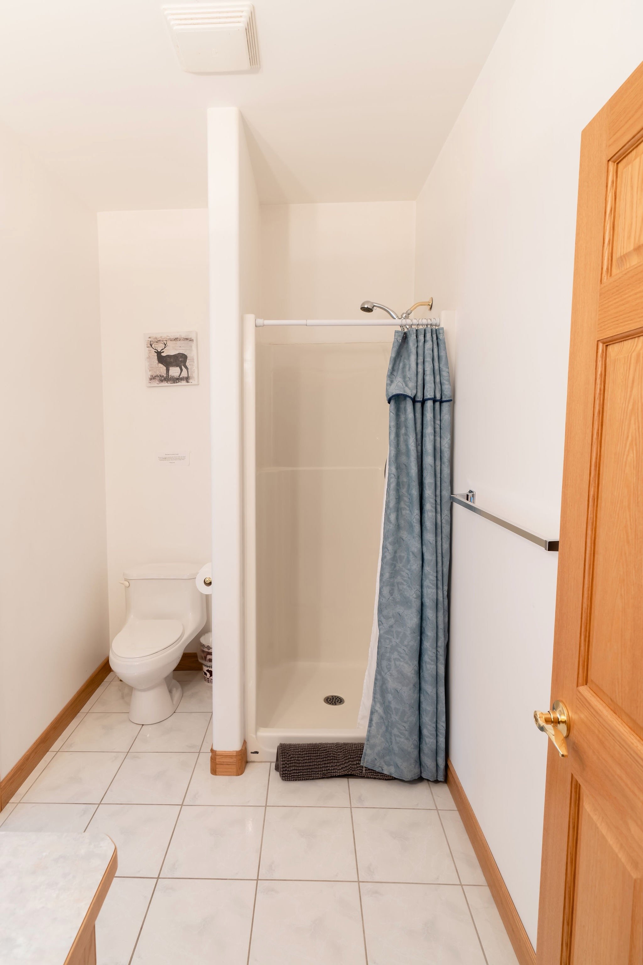 A small bathroom with white tile flooring, a closed wooden door, a toilet with a roll of toilet paper, and a shower with a blue curtain. There is a small picture of a deer on the wall above the toilet and a towel bar on the side wall.