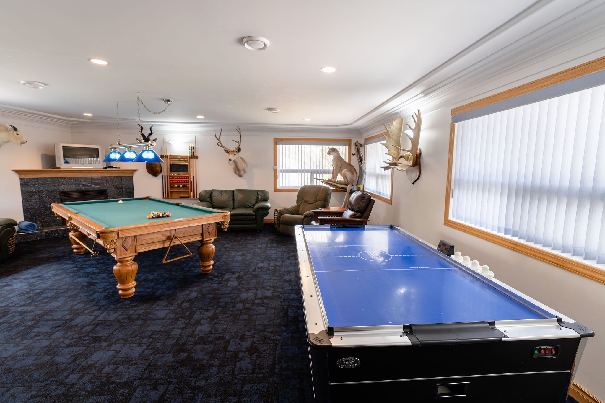 Game room with a pool table, air hockey table, several armchairs, and mounted animal heads on the wall.