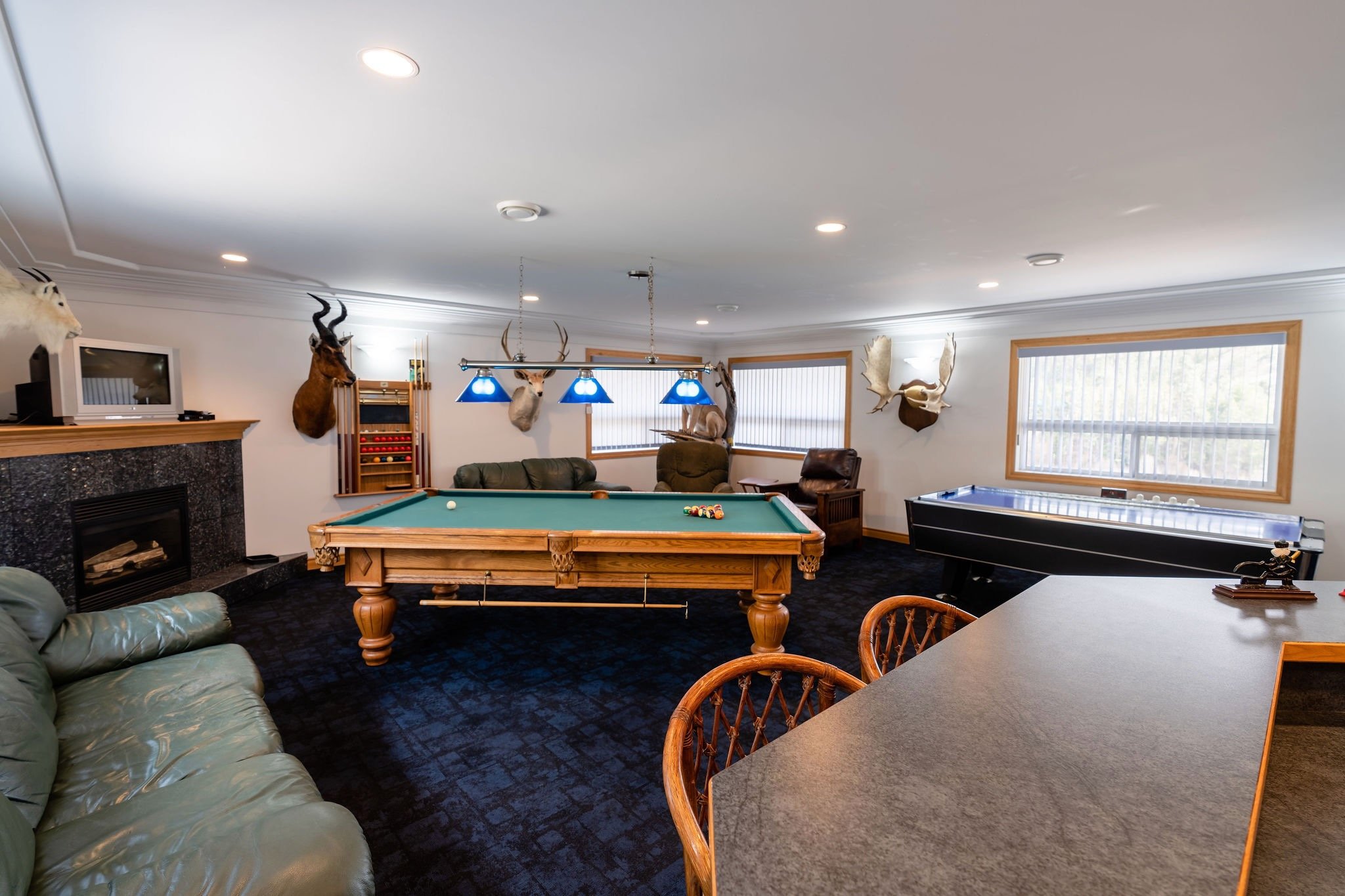 Game room with a pool table, air hockey table, and taxidermy animal heads on the walls.