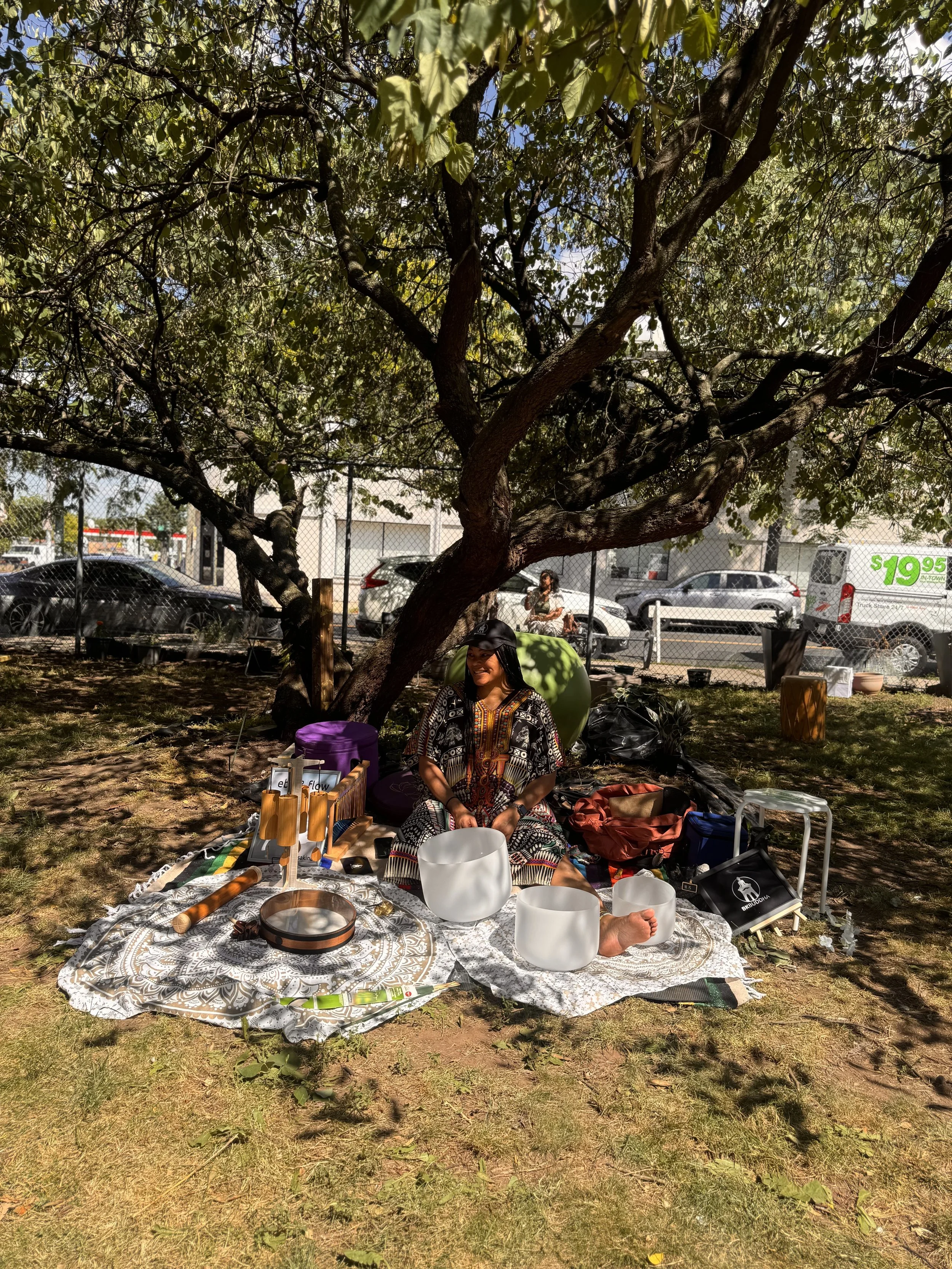A woman sitting on a decorative cloth in a park, surrounded by singing bowls, Tibetan percussion instruments, and other spiritual items, with a large tree providing shade and a parking lot with cars in the background.