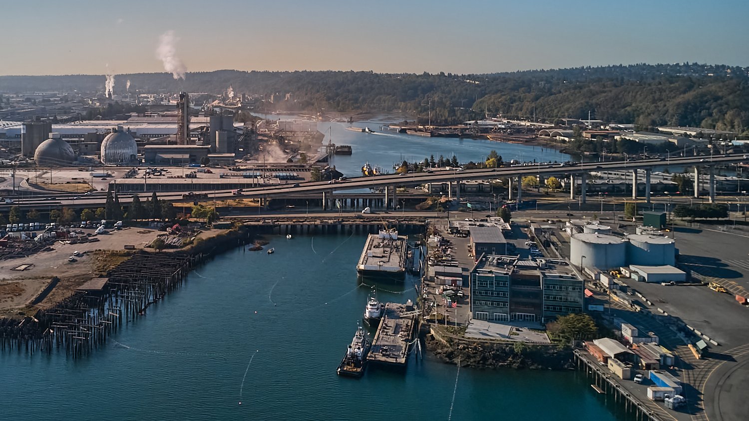 The West Seattle Bridge and Duwamish River industrial corridor, highlighting Seattle’s maritime and manufacturing roots.