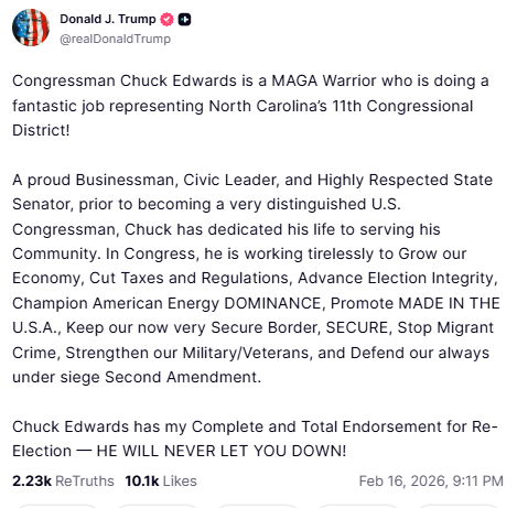 President Trump Highlights Endorsement of Congressman Chuck Edwards For Reelection As Early Voting Begins&nbsp;